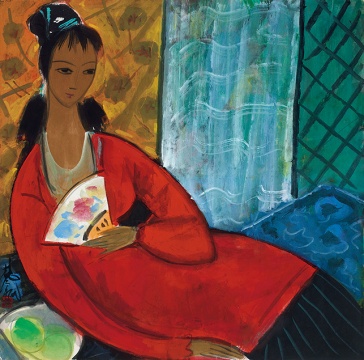 林風(fēng)眠 《紅衣仕女》 69×69cm 紙本彩墨 1989 
成交價：943萬元
