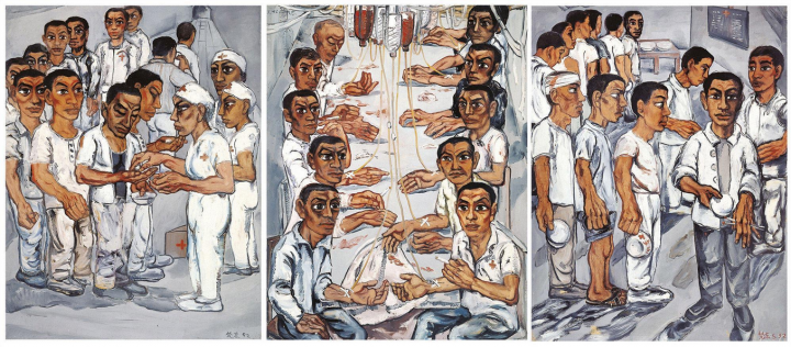 《協(xié)和醫(yī)院系列之三》（三聯(lián)作）  150×115cm×3  布面油畫  1992
成交價(jià)：1.13億港幣（8900萬人民幣）  佳士得香港2013年秋季拍賣會(huì)
