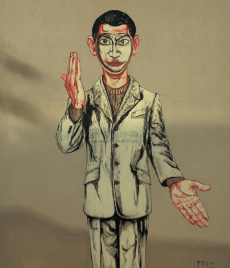 《面具系列第八號(hào)》  150×130cm  布面油畫  1994
成交價(jià)：1074萬港幣（945萬人民幣）  香港蘇富比2010年春季拍賣會(huì)
