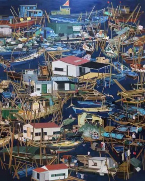 黃震軍《深藍(lán)漁歌》 200cm×160cm 布面丙烯 2019
