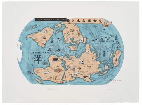 洪浩《世界鳥瞰新覽》絲網(wǎng)版畫 76×56cm 2019
