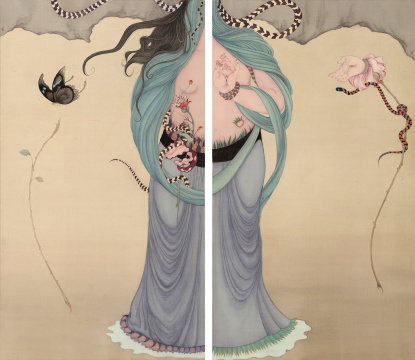 王霄《彼岸花》44×78cm×2 絹本設(shè)色 2017
