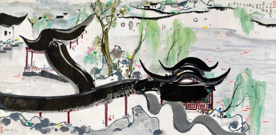 2027
吳冠中（1919-2010）
江南園林魚之樂
1987年作?紙本設(shè)色?73×134 cm
簽 名：荼。吳冠中 1987
款 識(shí)：江南園林魚之樂，愿苗玉路同志如魚入水，晚年樂、樂無涯！
鈐 印：冠中寫生、八十年代
出 版：
《藝冠中外—吳冠中藝術(shù)展》，百雅軒文化藝術(shù)機(jī)構(gòu)，2008年，P68-69
《風(fēng)箏不斷線—緬懷吳冠中先生經(jīng)典作品收藏大展》，保利藝術(shù)博物館，2010年，P106-107
《風(fēng)箏不斷線—緬懷吳冠中先生經(jīng)典作品收藏大展（二）》，保利藝術(shù)博物館，2011年，P52-53
展 覽：
藝冠中外—吳冠中藝術(shù)展，山東省博物館，濟(jì)南，2008年
風(fēng)箏不斷線—緬懷吳冠中先生經(jīng)典作品收藏大展，保利藝術(shù)博物館，北京，2010年
紀(jì)念吳冠中先生逝世一周年精品展，保利藝術(shù)博物館，北京，2011年
說 明：
1. 上款人苗玉路，河北樂亭人，離休軍隊(duì)干部，酷愛書畫幾近迷癡，苗老在京城收藏界頗有名聲，與李可染、黃胄、吳冠中等藝術(shù)家交往密切。
2. 此件作品即將出版于紫鑫永樂文化與吳冠中藝術(shù)館合編的《吳冠中作品集》（一），2025年
CNY 3,600,000 - 4,600,000
